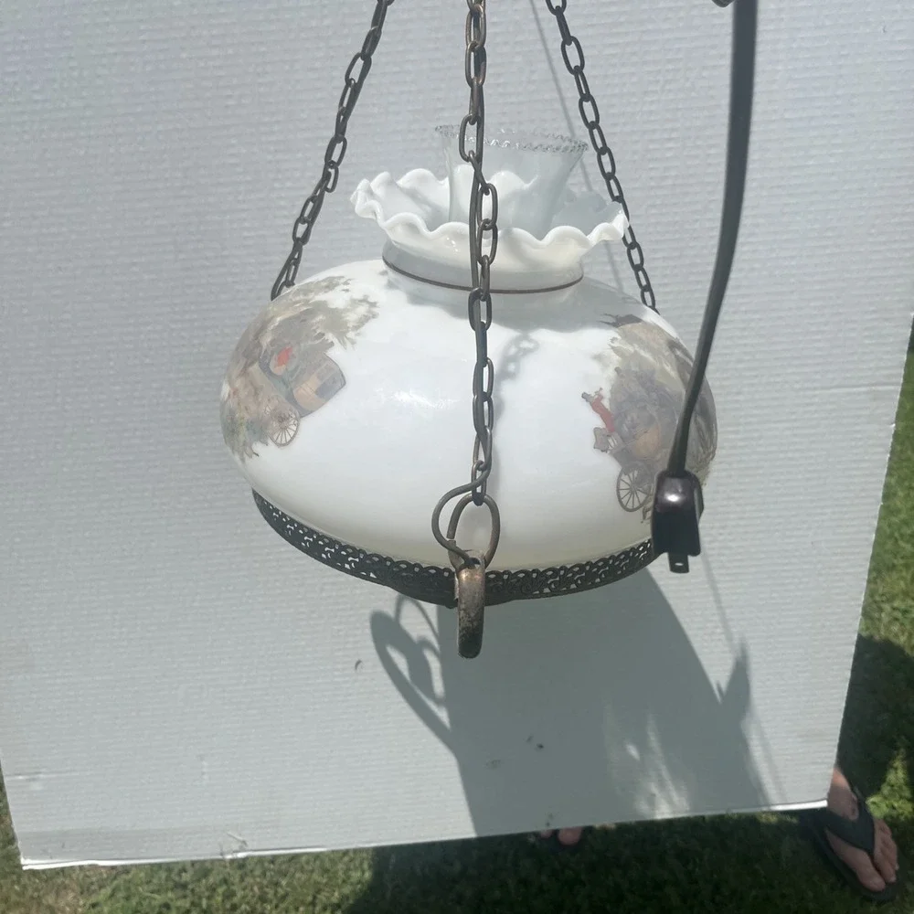 Vtg Aladdin Electric Milk Glass Library Hanging Lamp Chandelier 10
